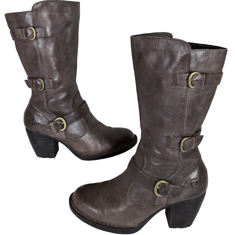 Born Malerie Mid Calf Moto Boots Women's 8.5 Strappy Buckles Gray Leather Taupe